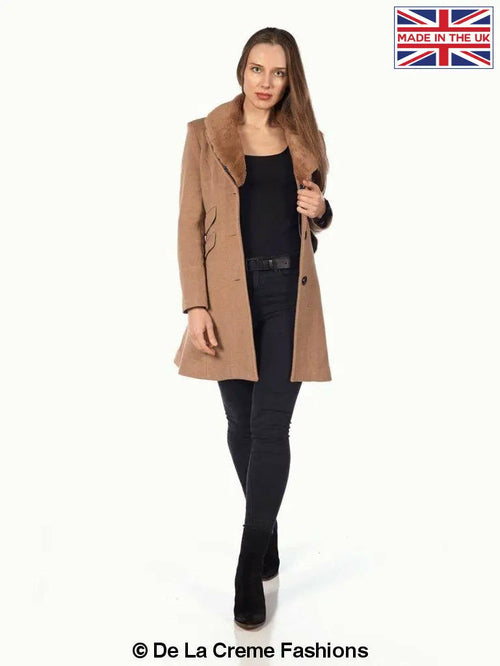 Wool Blend Faux Fur Collar Midi Coat made in UK - Great Hall Collections House