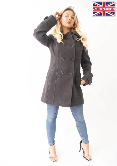 Wool Feel Double Breasted Hooded Coat - Great Hall Collections House