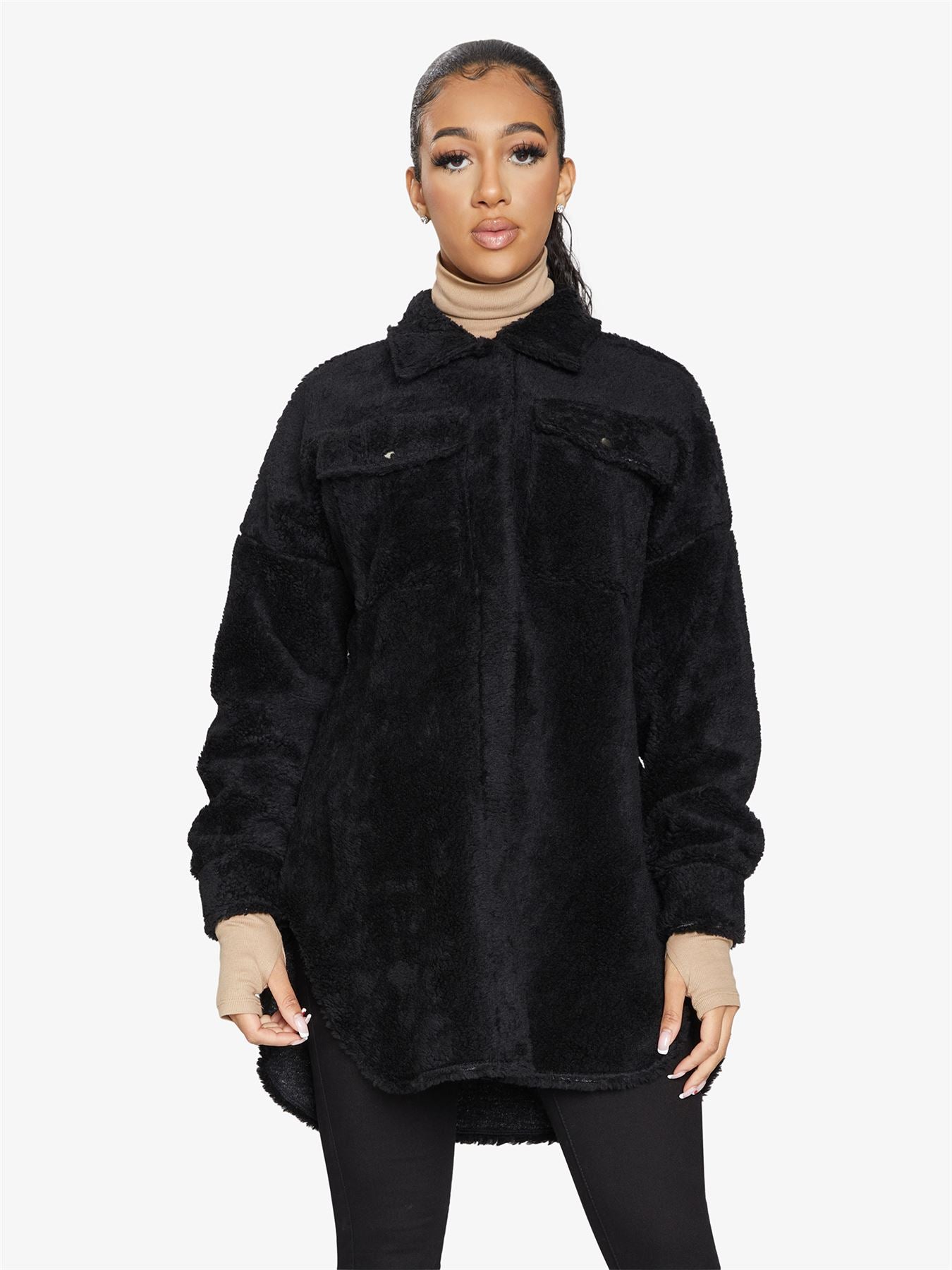 Oversized Stud Button Borg Teddy Shacket            made in UK - Great Hall Collections House