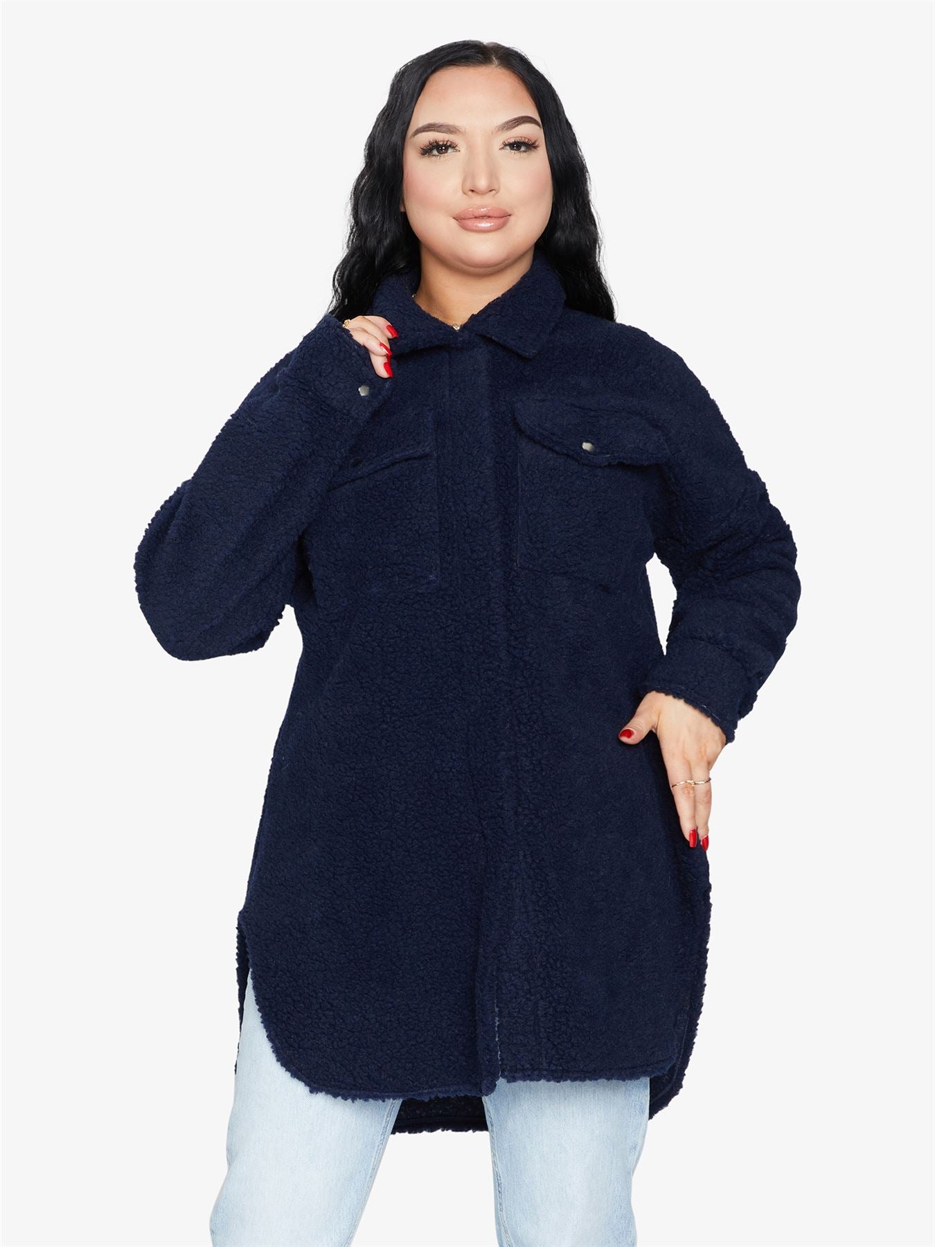 Oversized Stud Button Borg Teddy Shacket            made in UK - Great Hall Collections House