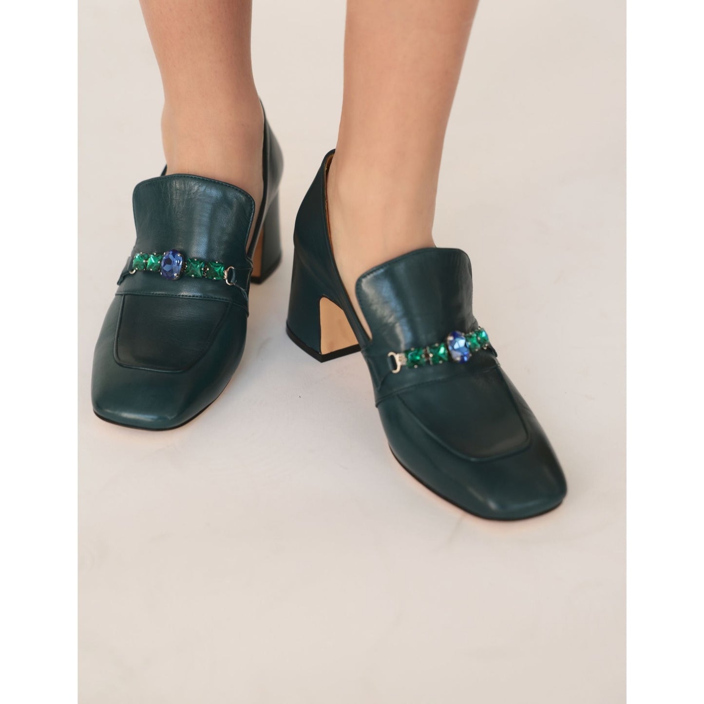 Green Leather Mid Heel Jeweled Loafer