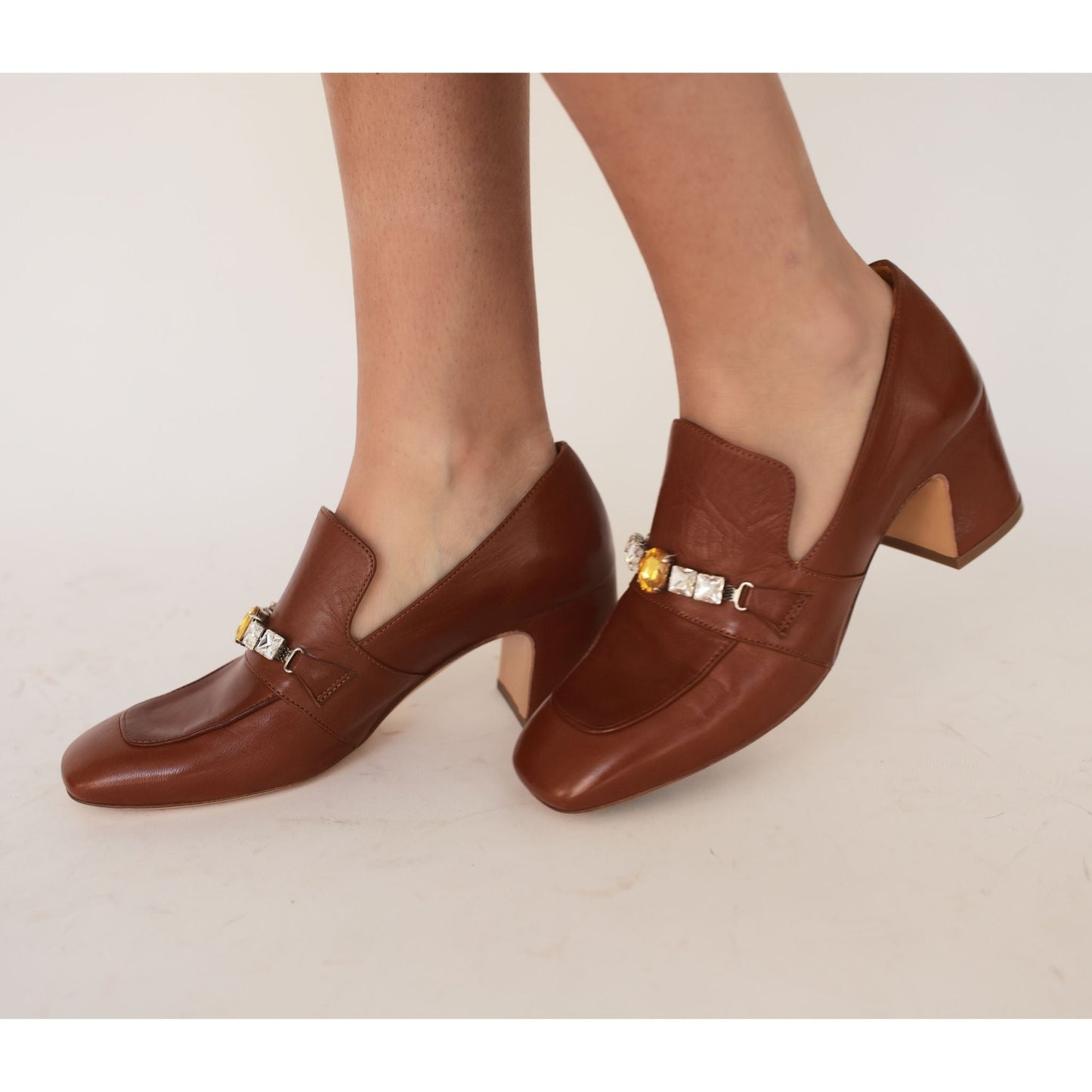 Green Leather Mid Heel Jeweled Loafer