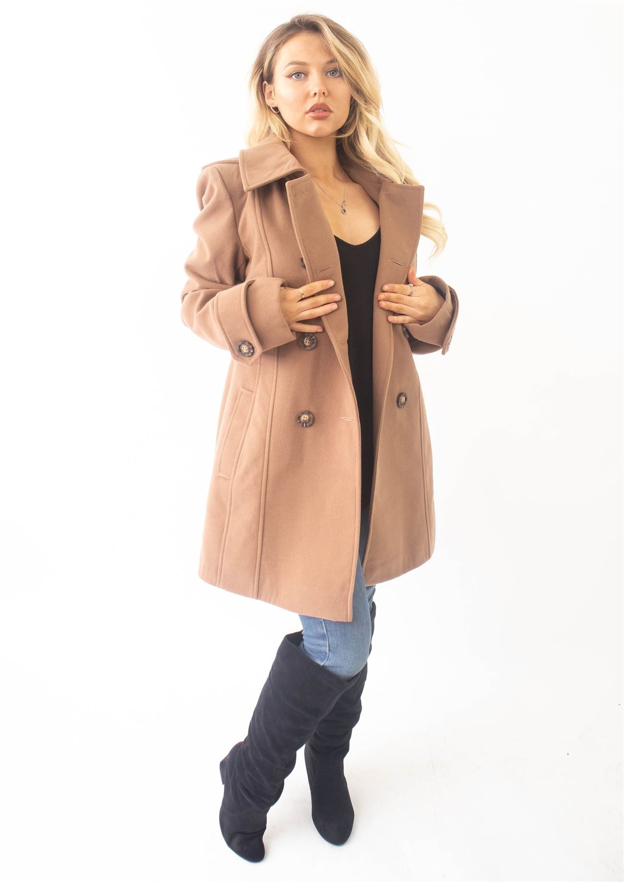 Wool Feel Double Breasted Hooded Coat - Great Hall Collections House