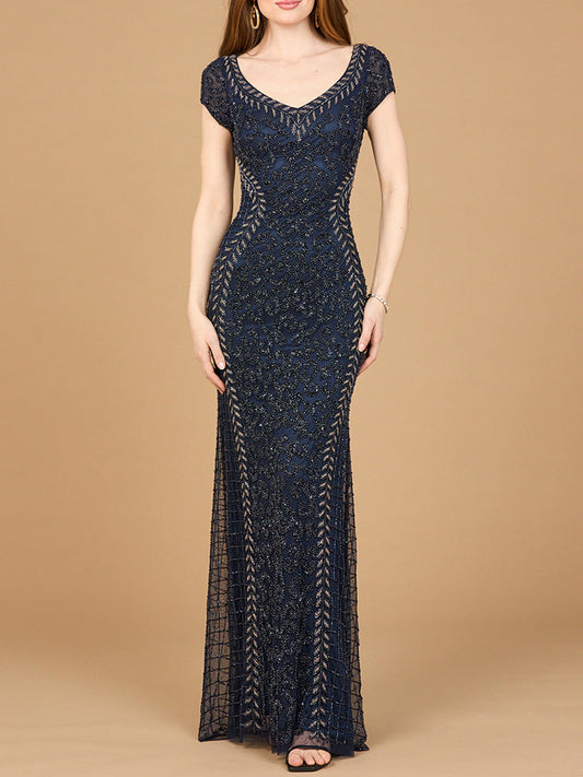 Beaded Mermaid Cap Sleeve Gown