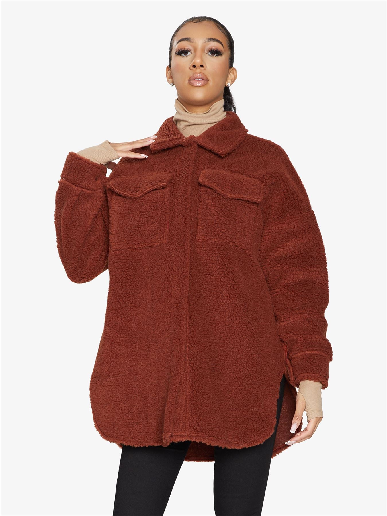 Oversized Stud Button Borg Teddy Shacket            made in UK - Great Hall Collections House