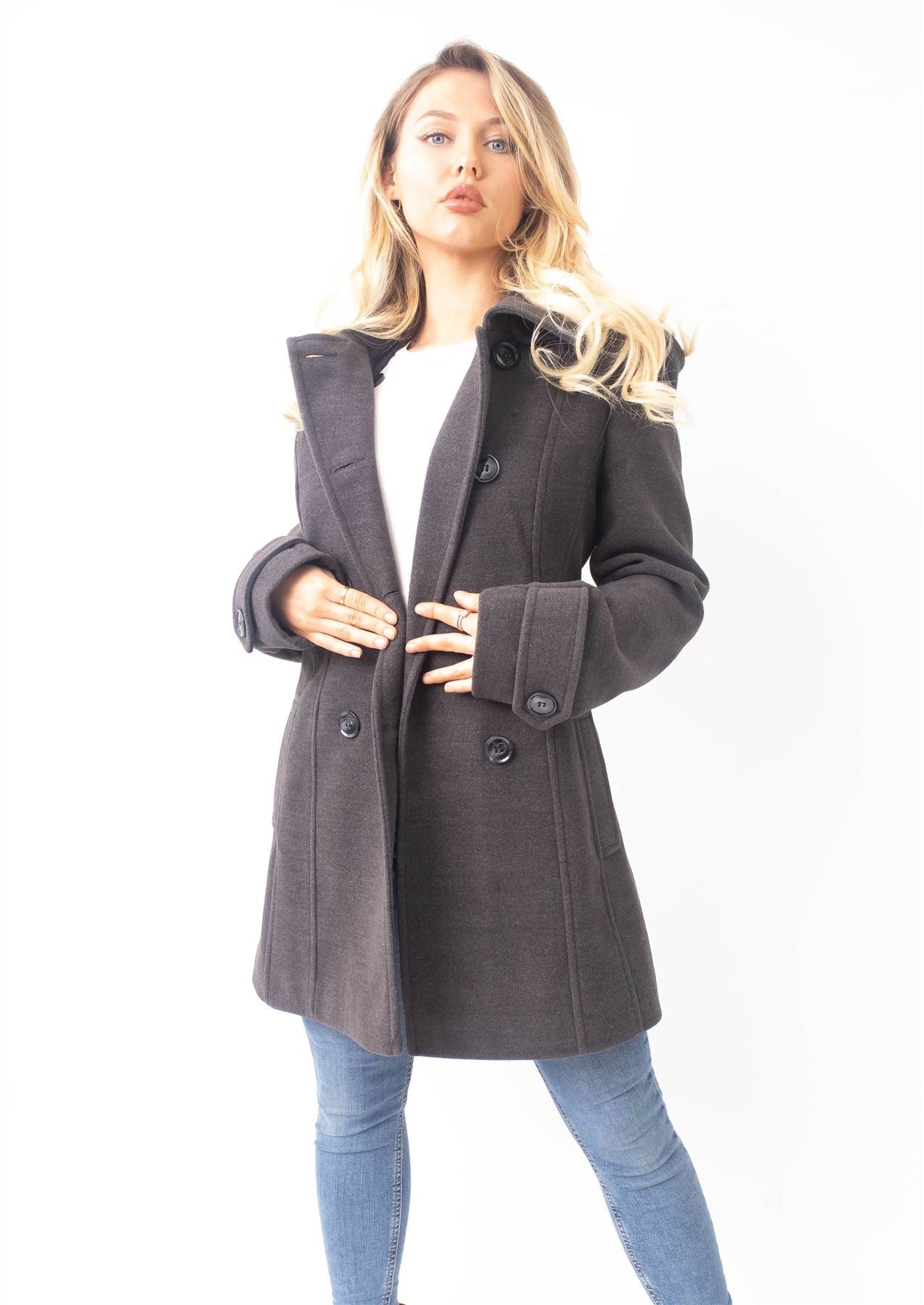 Wool Feel Double Breasted Hooded Coat - Great Hall Collections House