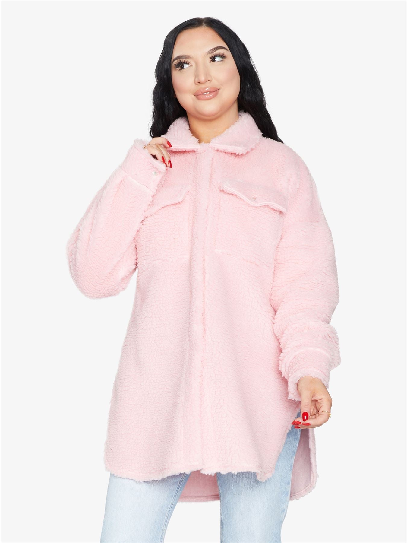 Oversized Stud Button Borg Teddy Shacket            made in UK - Great Hall Collections House