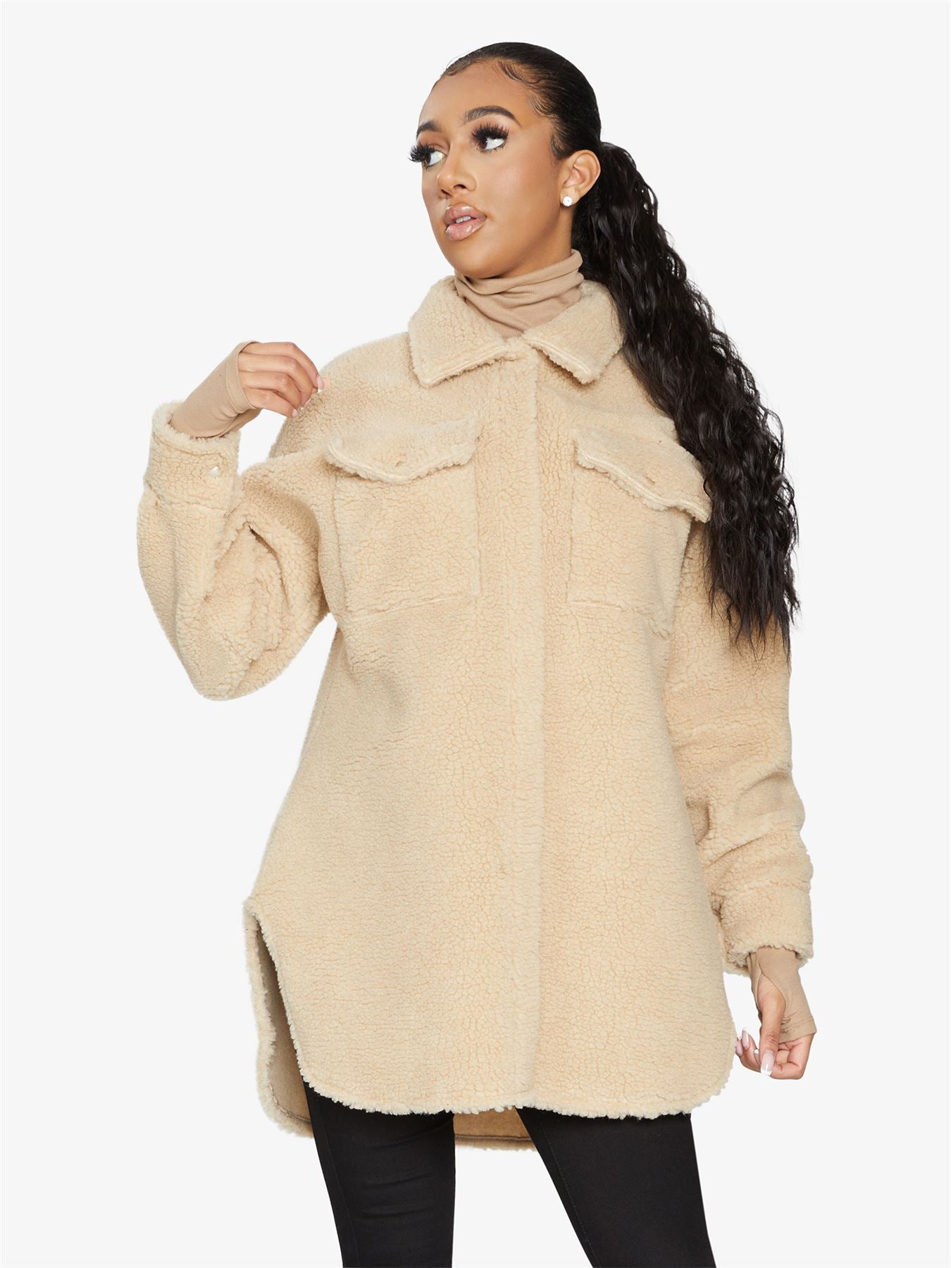 Oversized Stud Button Borg Teddy Shacket            made in UK - Great Hall Collections House