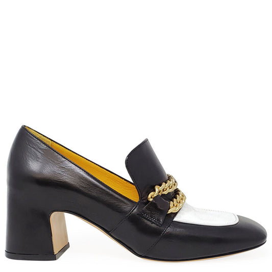 Black & White Leather Mid Heel Loafer W/Chain
