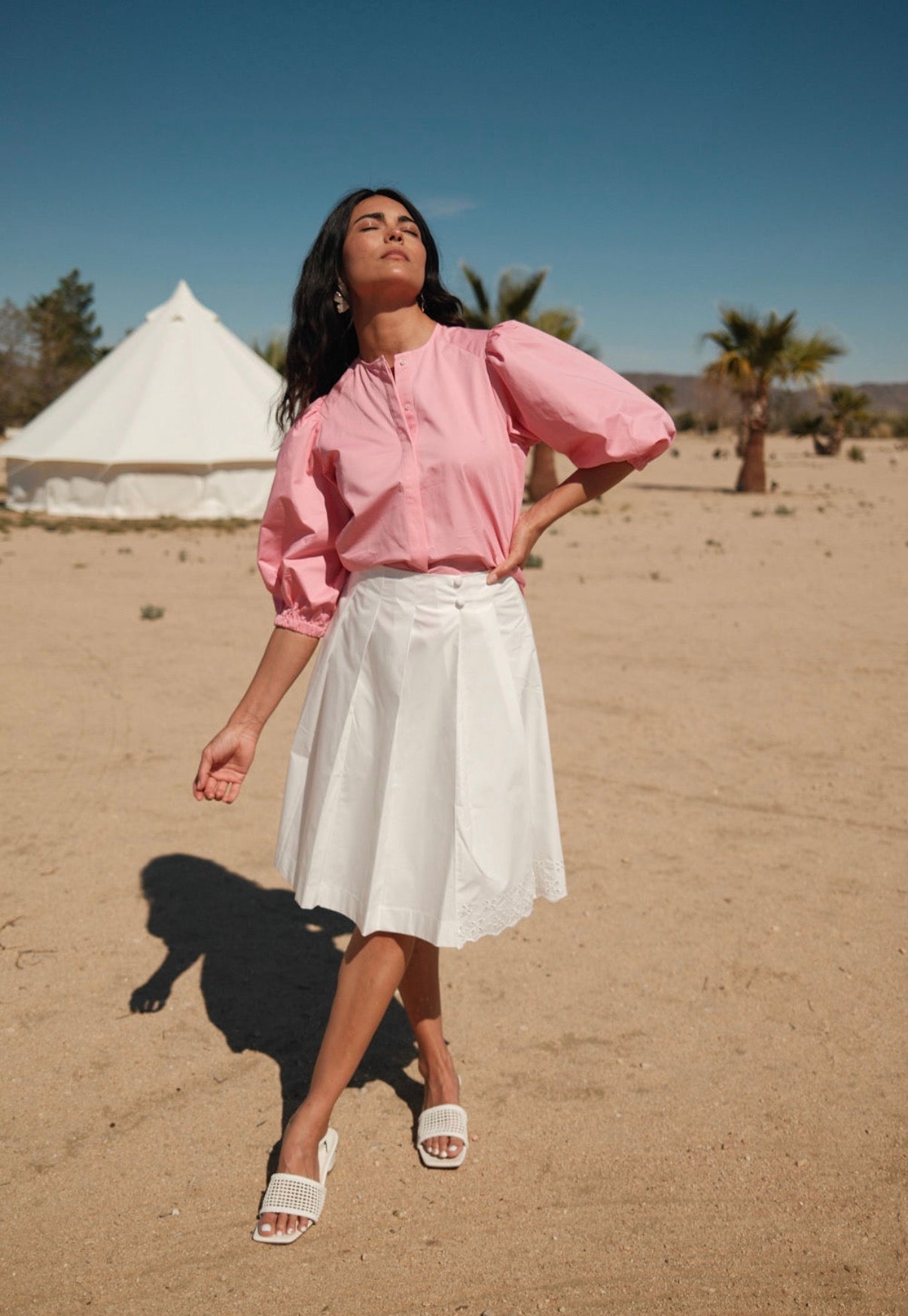 EYELET PLEATED COTTON SKIRT