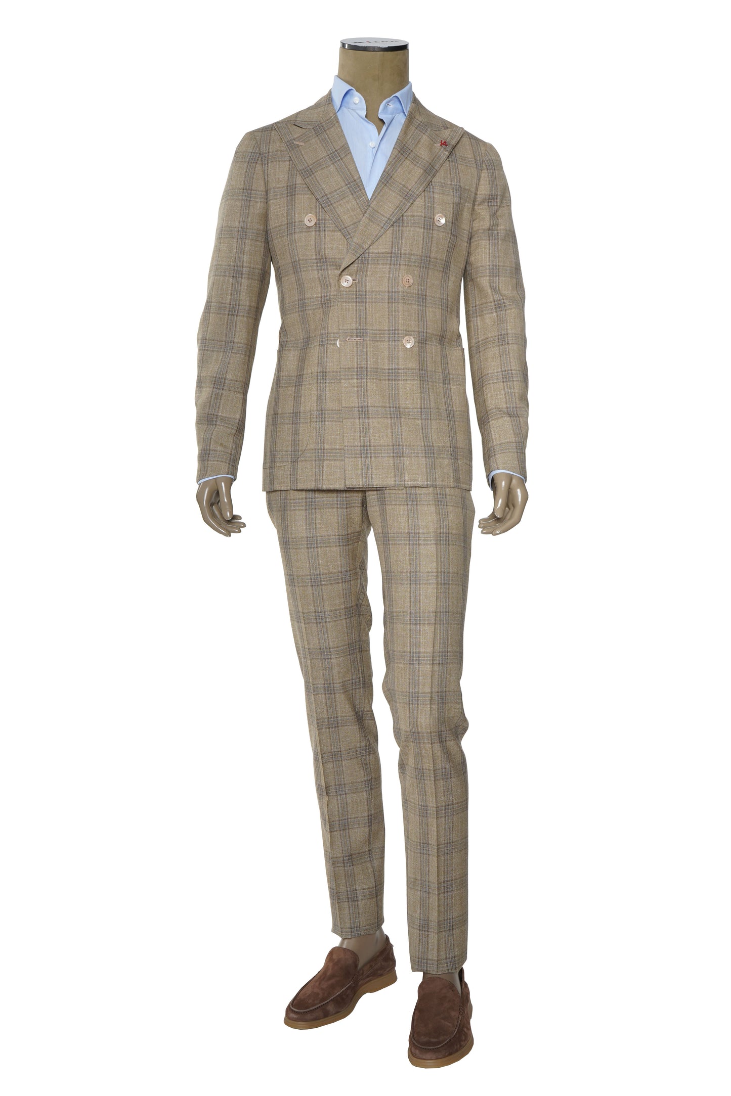Isaia Double Breasted Double Windowpane Wool-Silk-Linen Suit