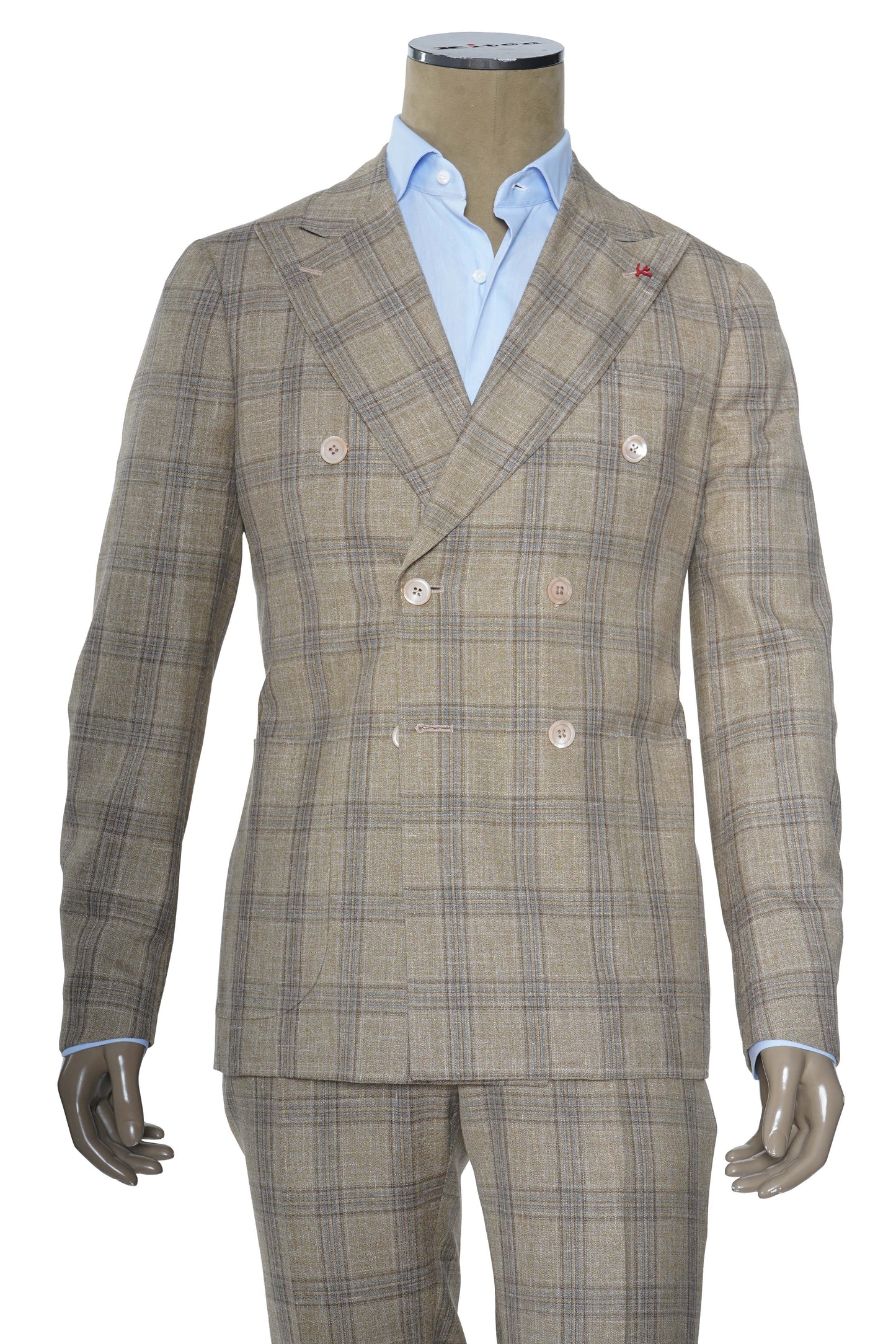 Isaia Double Breasted Double Windowpane Wool-Silk-Linen Suit