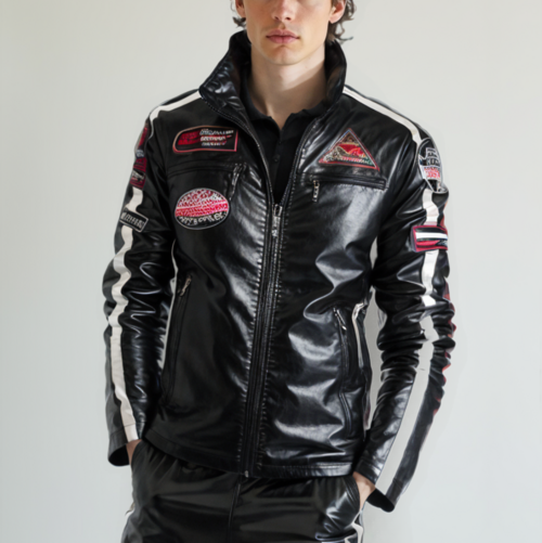 Mens Biker Vegan Leather Jacket With Badges - Great Hall Collections House
