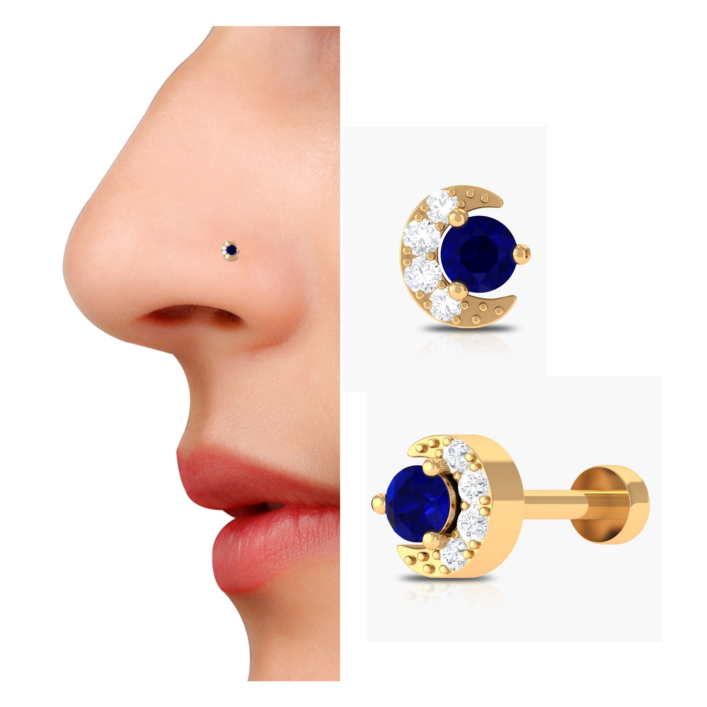 Genuine Blue Sapphire and Diamond Celestial Nose Pin