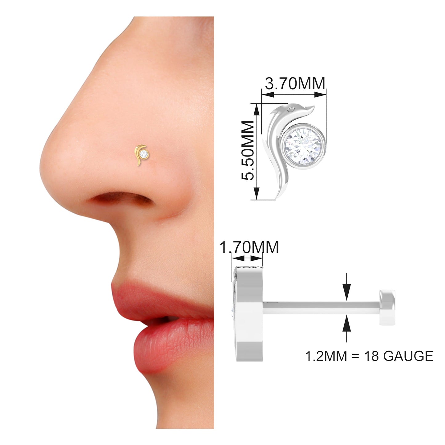 Bezel Set Round Diamond Dolphin Nose Ring
