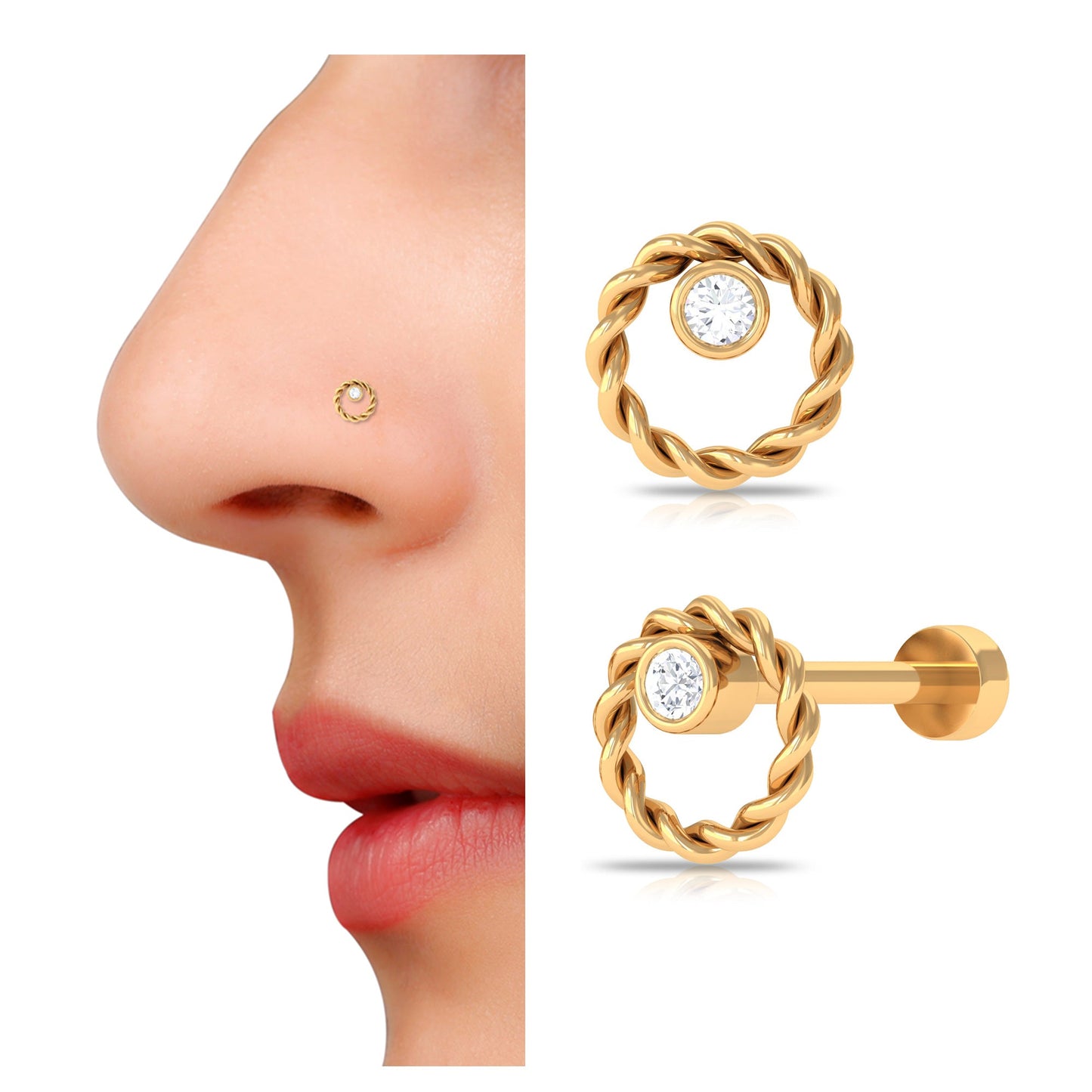 Bezel Set Round Diamond Nose Pin with Twisted Rope