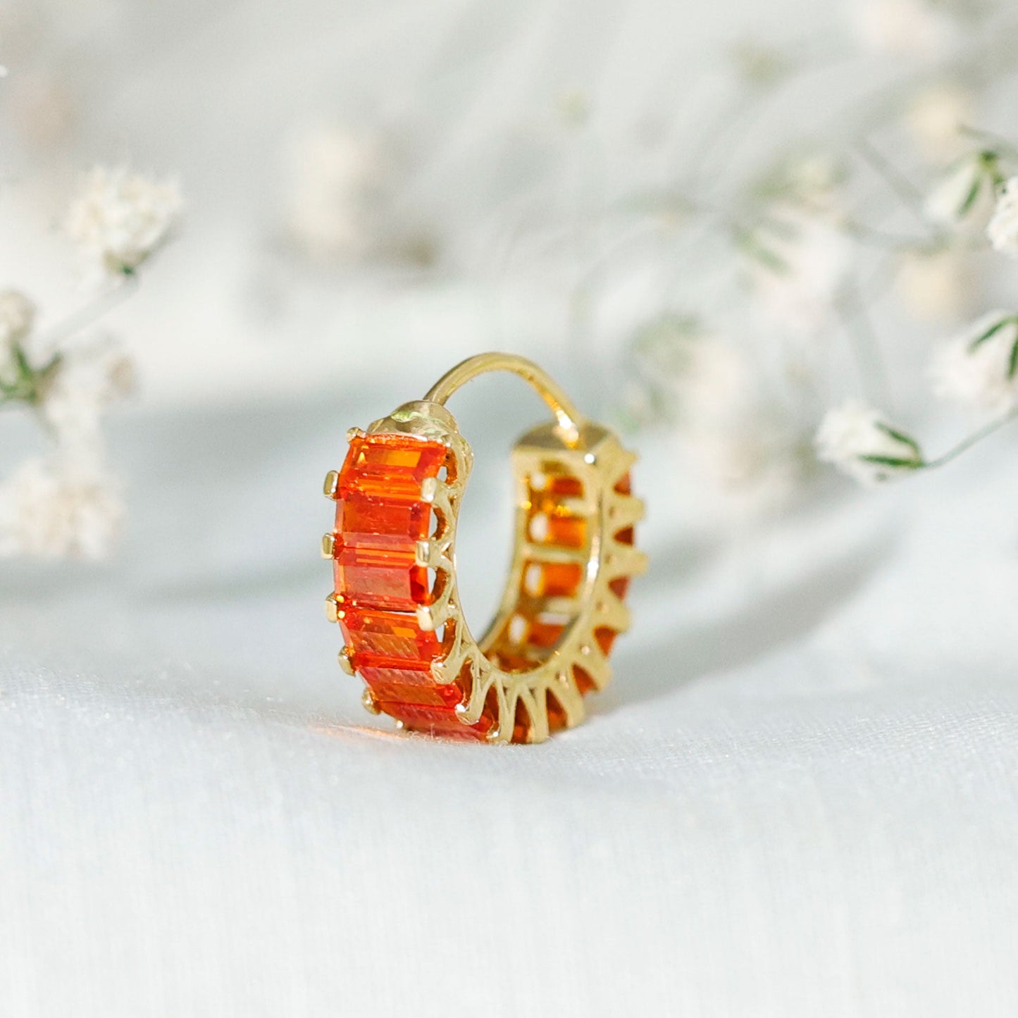 Baguette Cut Lab Grown Orange Sapphire Conch Hoop Earring