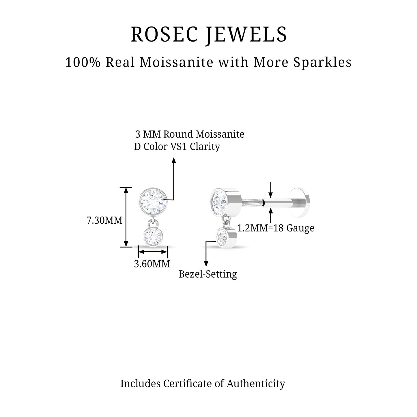 Bezel Set Round Moissanite Helix Drop Earring