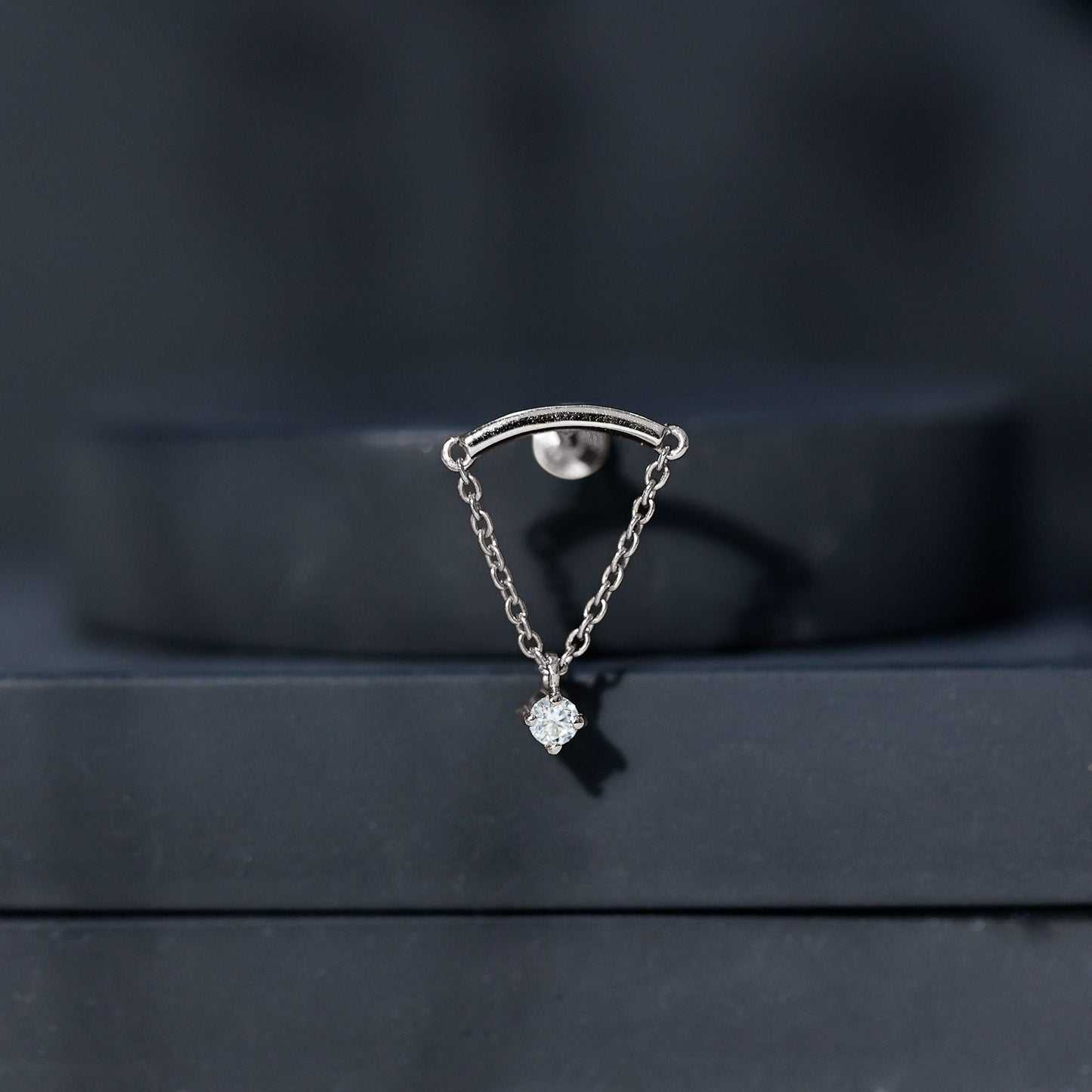 Curved Bar and Moissanite Chain Earring for Helix Piercing