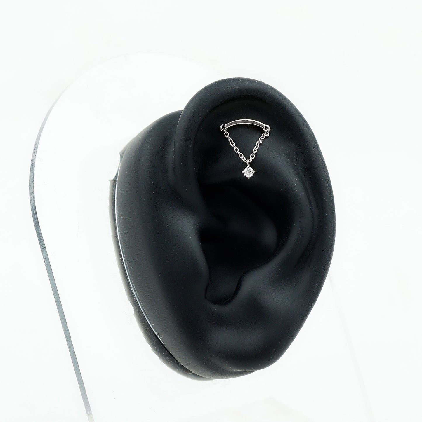Curved Bar and Moissanite Chain Earring for Helix Piercing