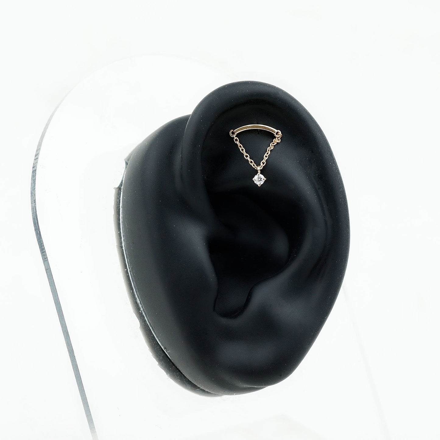 Curved Bar and Moissanite Chain Earring for Helix Piercing