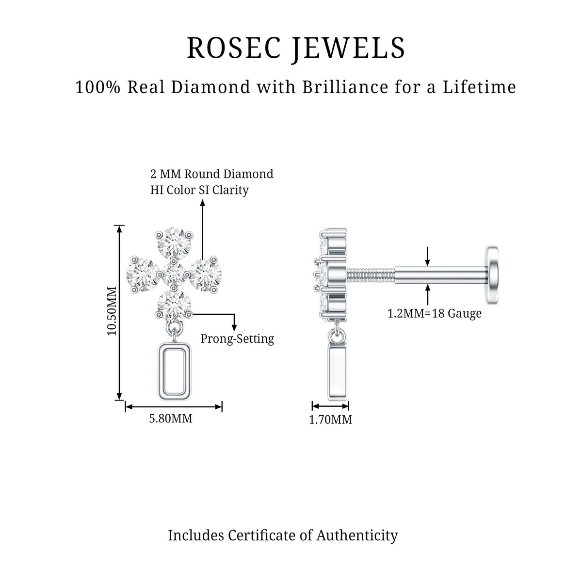 Simple Diamond Drop Earring for Helix Piercing