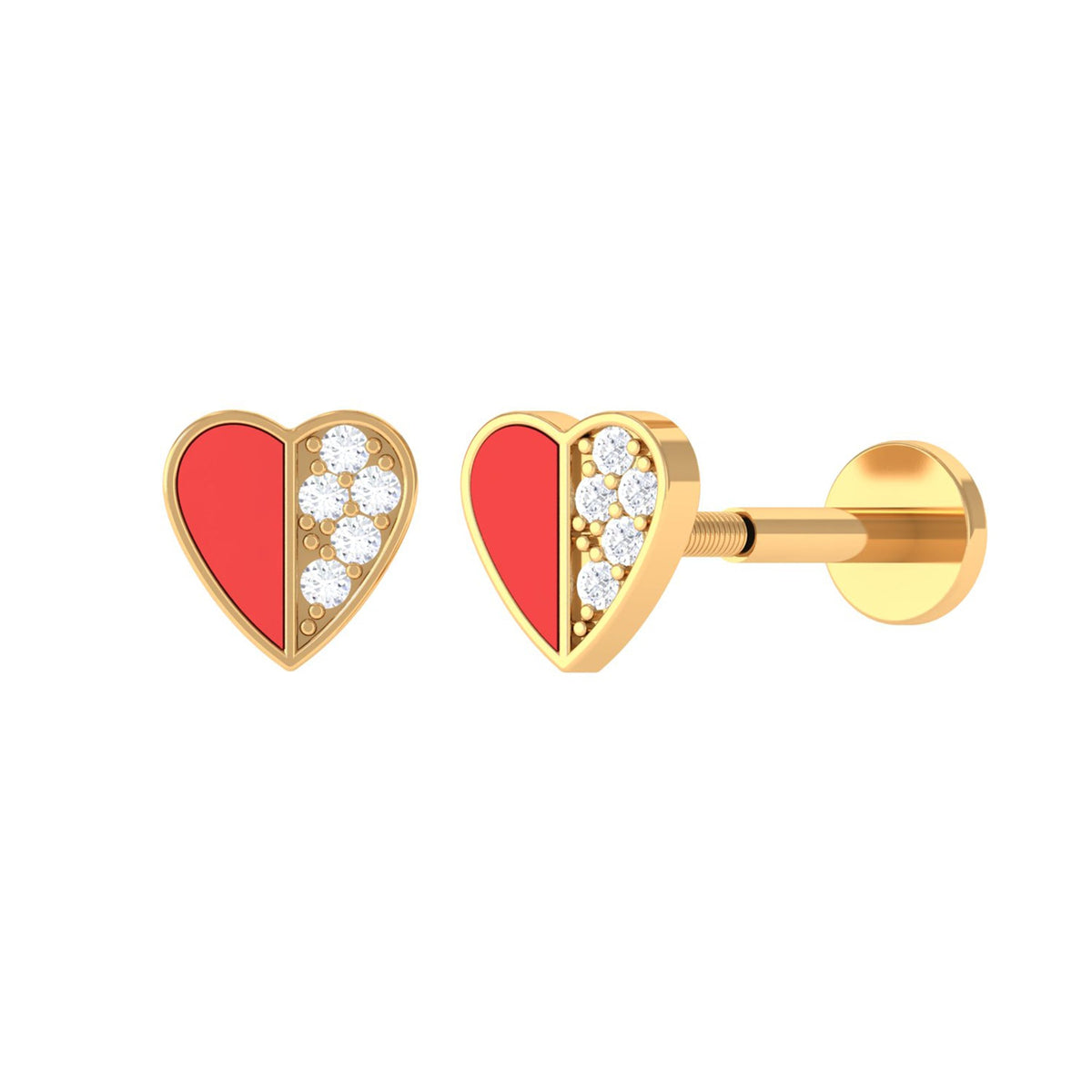 Cute Diamond Heart Earring with Red Enamel