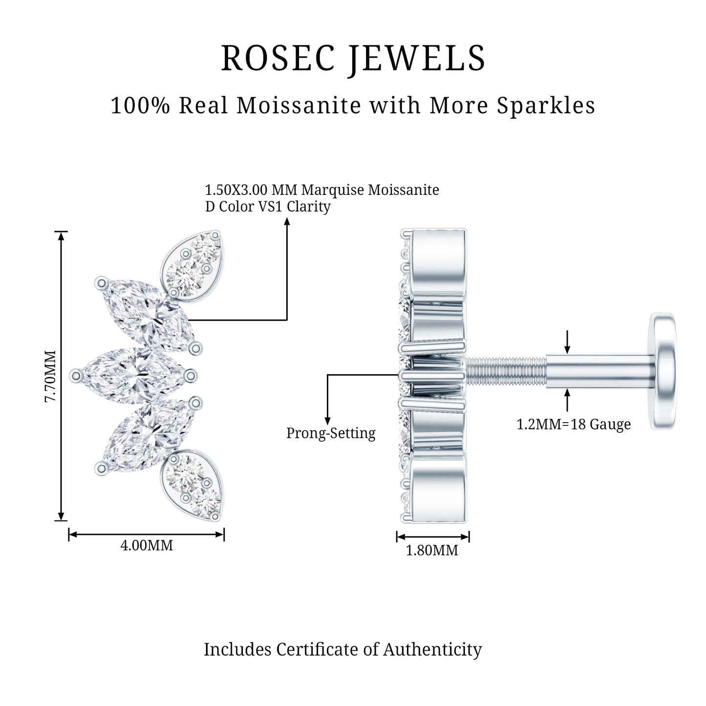 Marquise and Round Cut Moissanite Curved Leaf Helix Earring