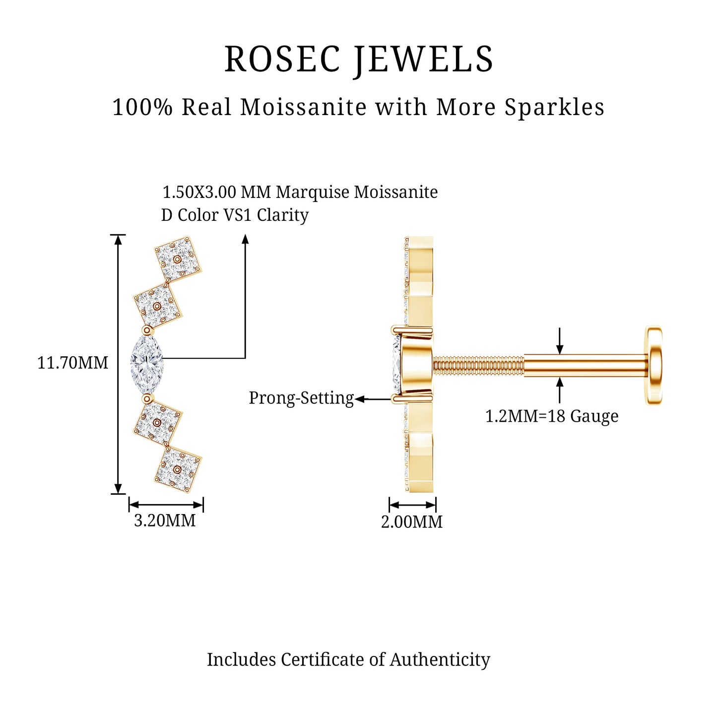 Certified Moissanite Curved Helix Piercing Earring