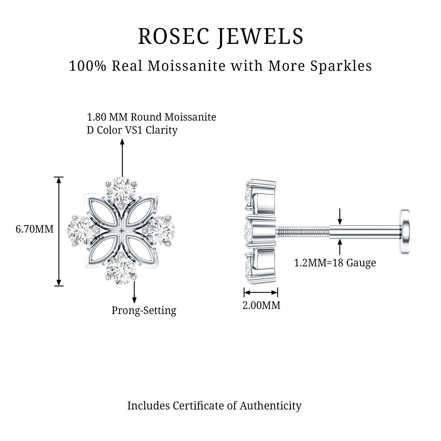 Round Moissanite Flower Earring for Cartilage Piercing