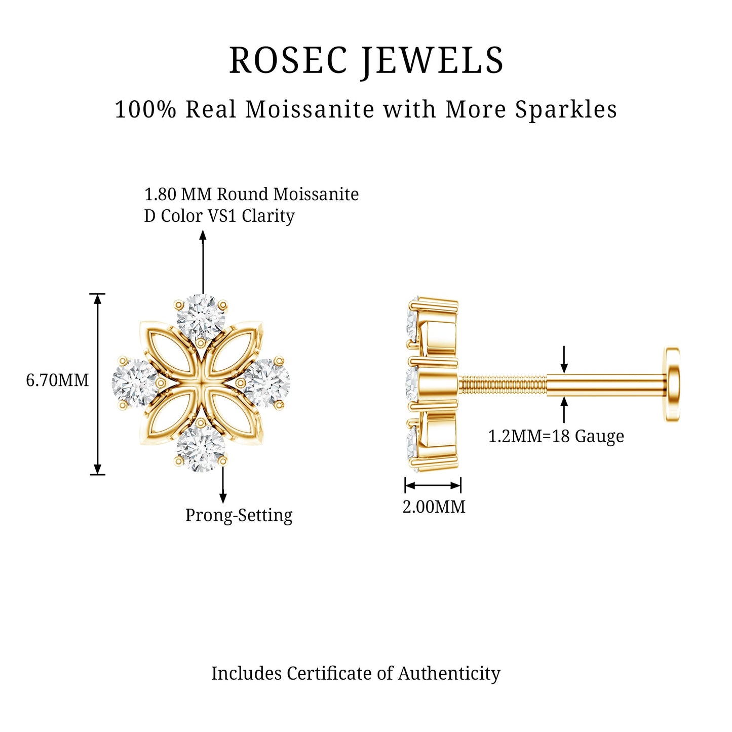 Round Moissanite Flower Earring for Cartilage Piercing
