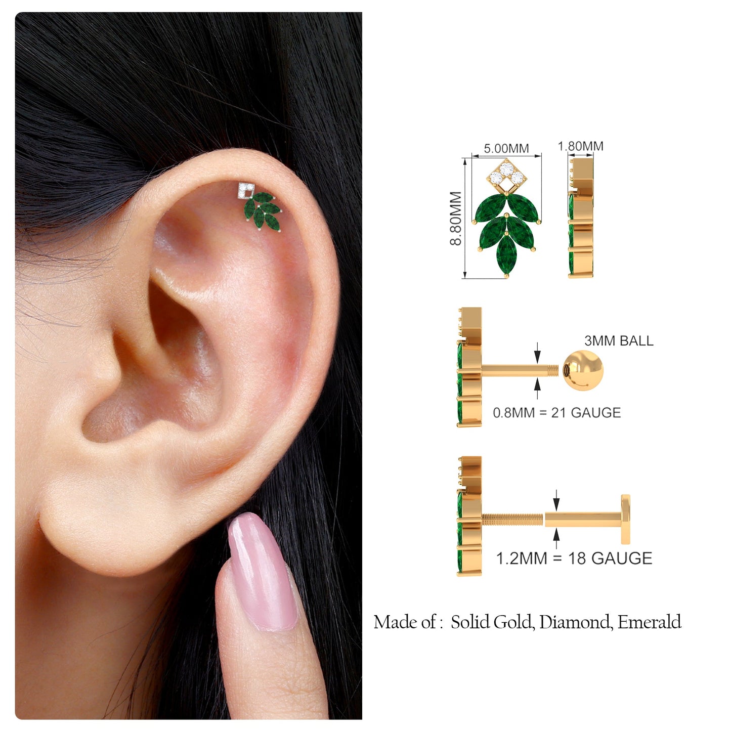 Real Emerald and Diamond Leaf Cartilage Earring
