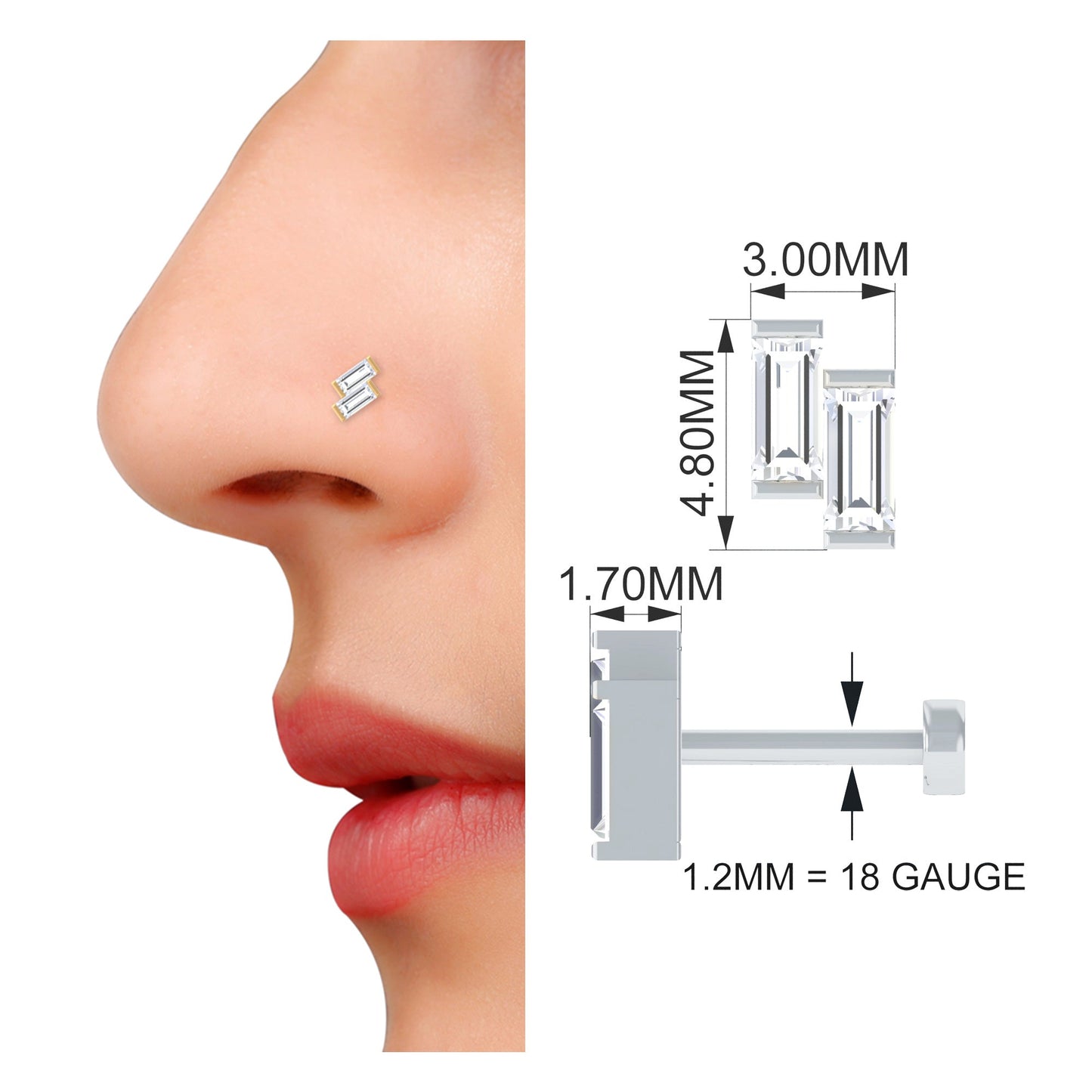 Baguette Moissanite 2 Stone Dainty Nose Stud