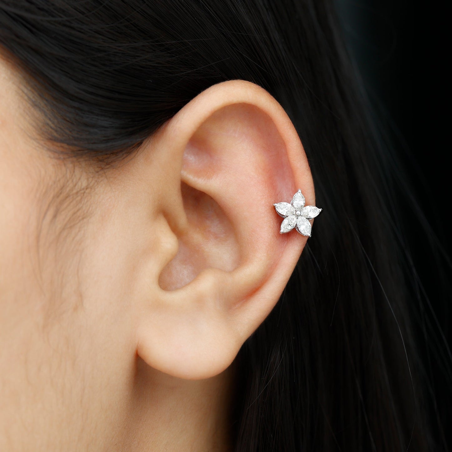 Marquise Cut Moissanite Floral Earring for Cartilage Piercing