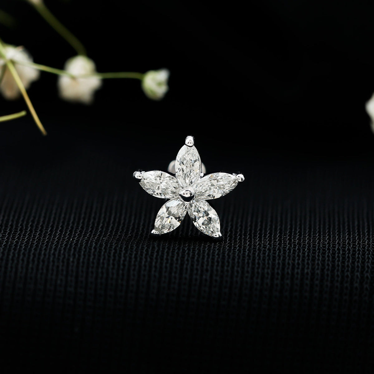 Marquise Cut Moissanite Floral Earring for Cartilage Piercing