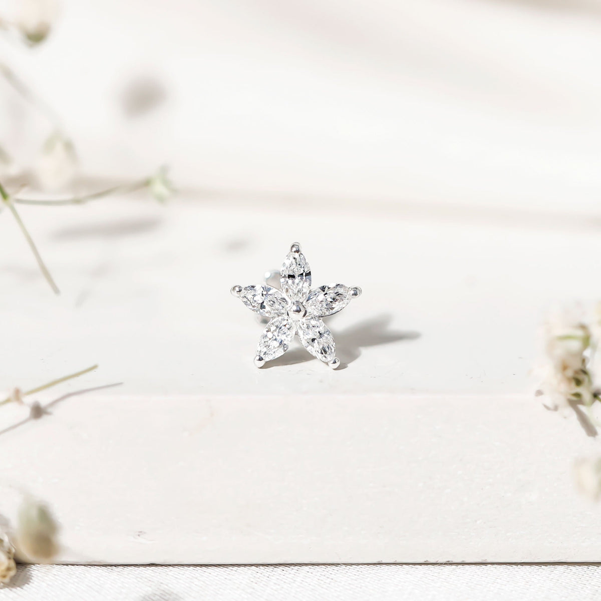 Marquise Cut Moissanite Floral Earring for Cartilage Piercing
