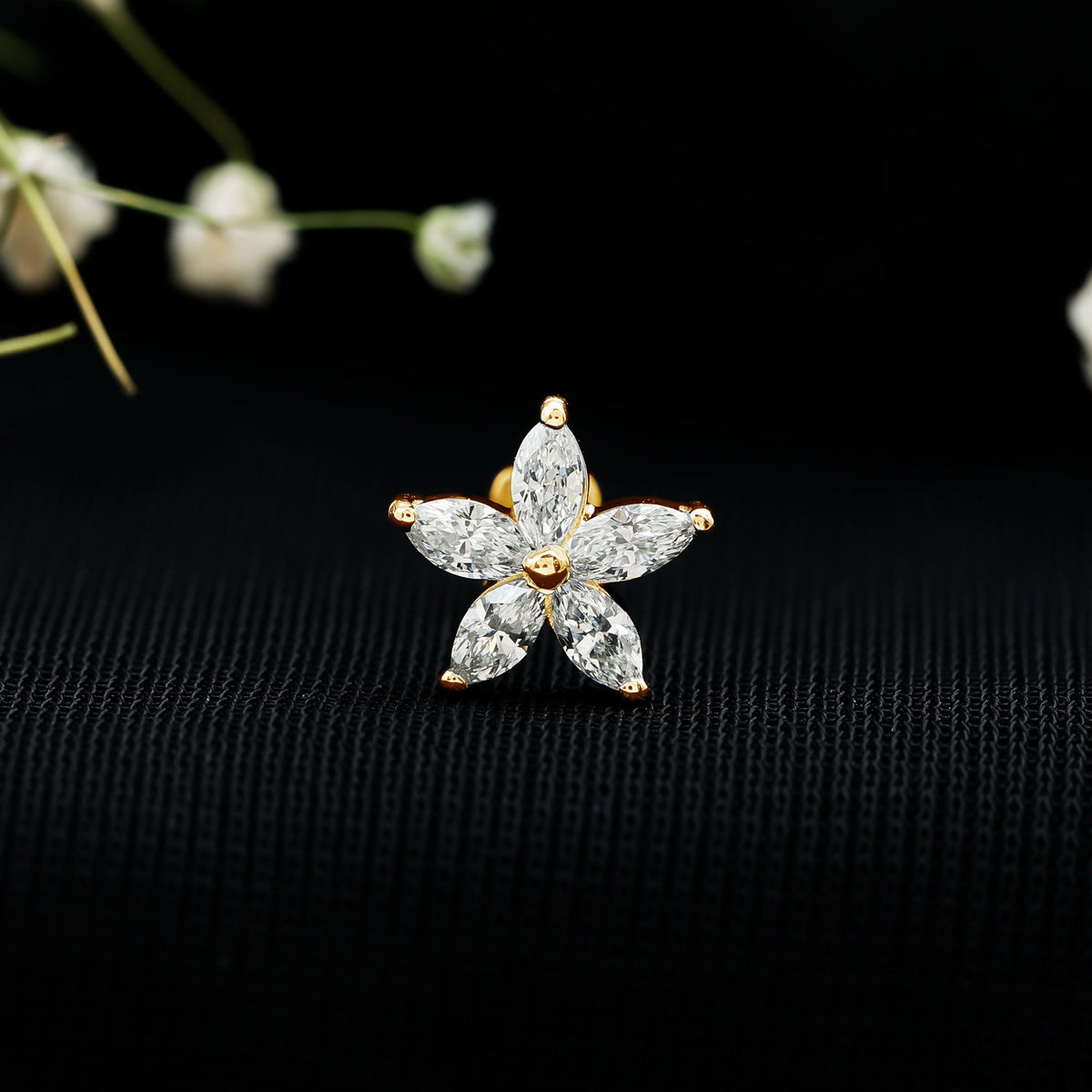 Marquise Cut Moissanite Floral Earring for Cartilage Piercing
