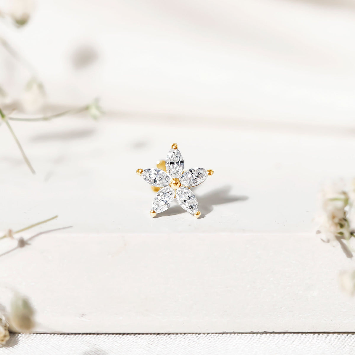 Marquise Cut Moissanite Floral Earring for Cartilage Piercing