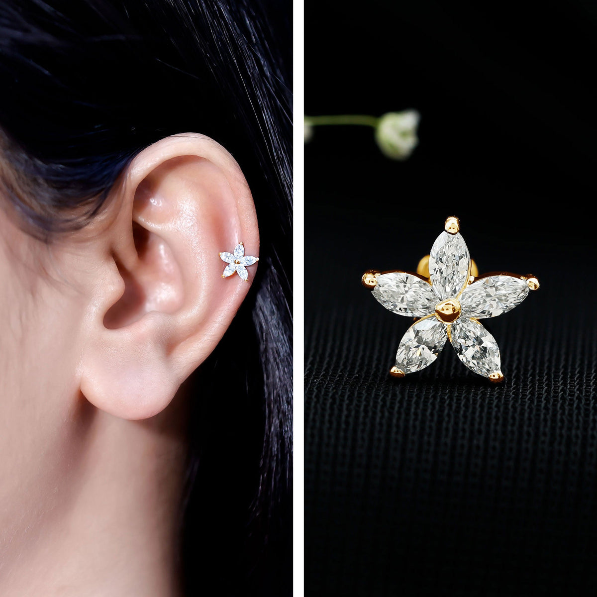 Marquise Cut Moissanite Floral Earring for Cartilage Piercing