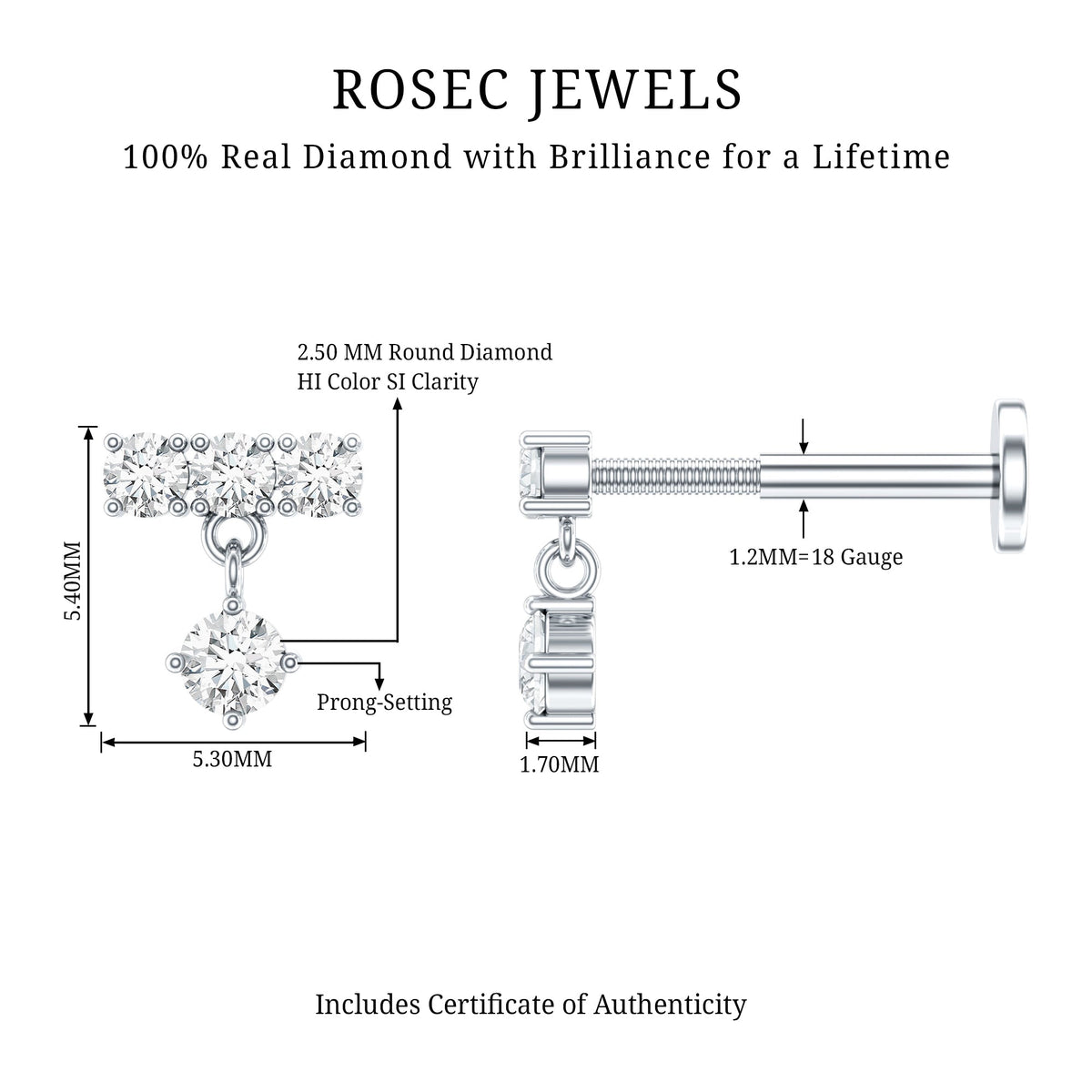Womens Diamond Drop Earring for Helix Piercing