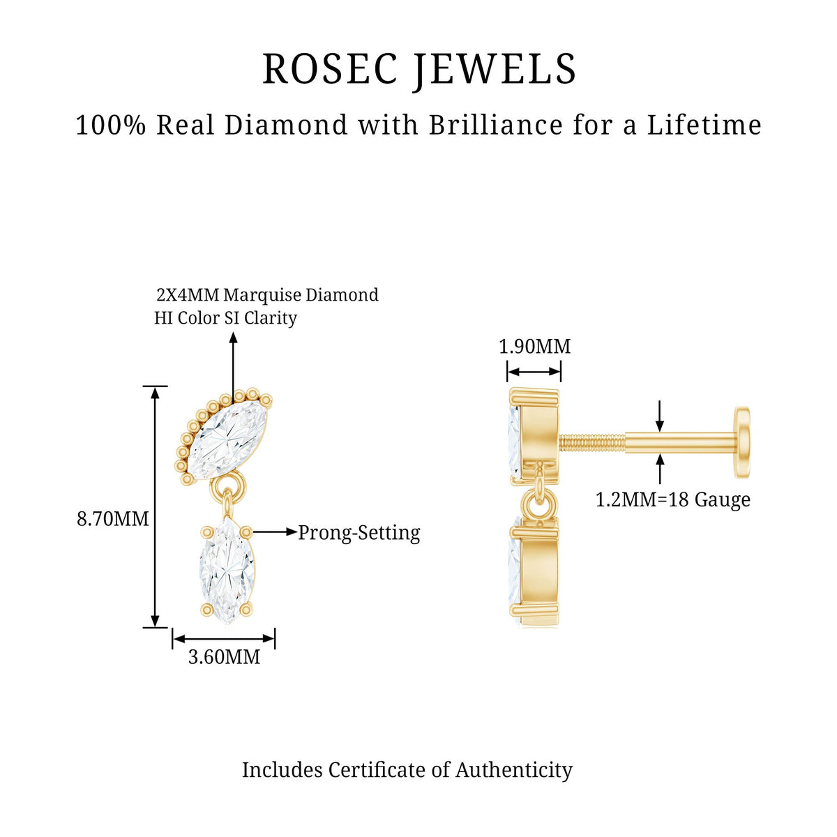 Certified Marquise Diamond Drop Earring for Helix Piercing