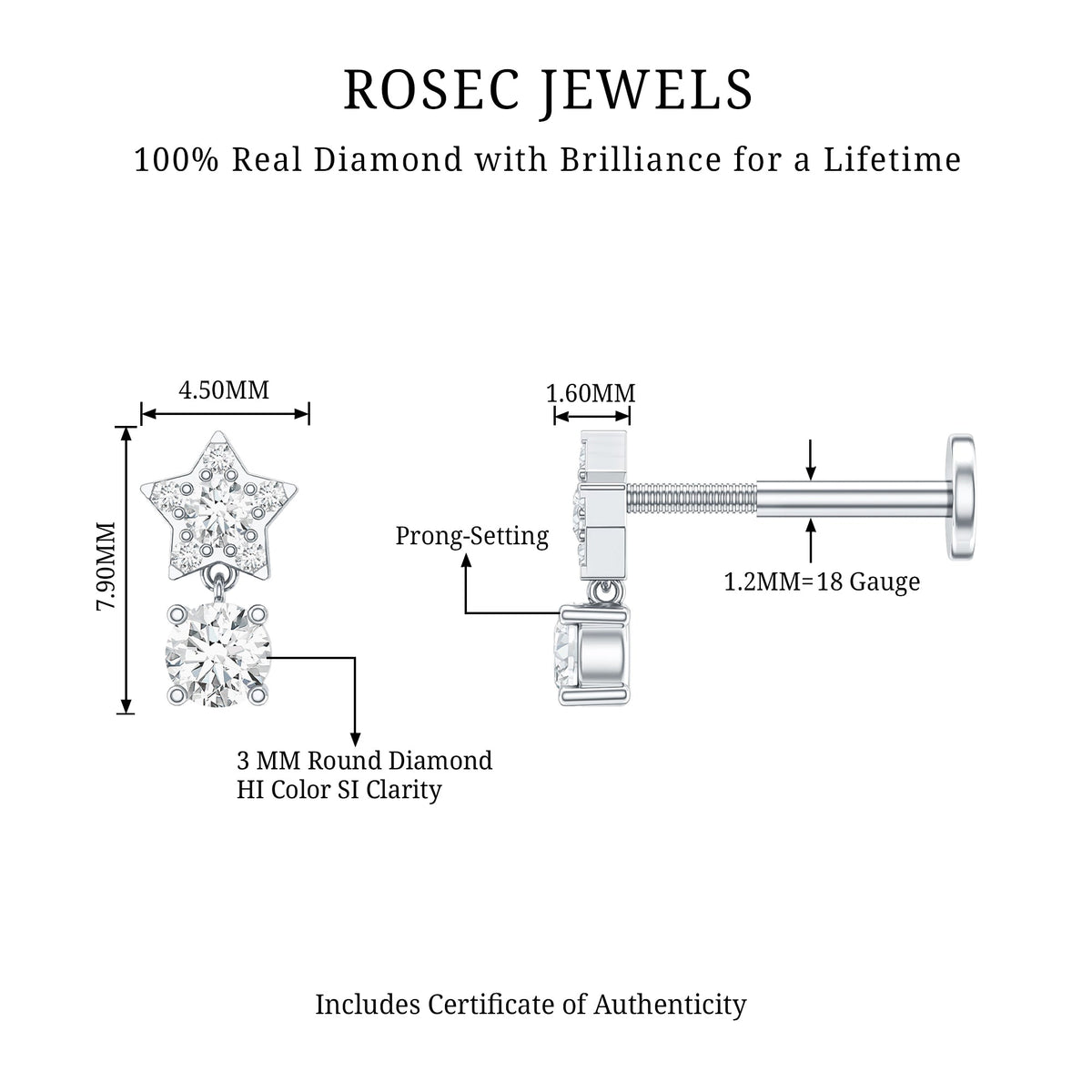Star Diamond Drop Earring for Helix Piercing