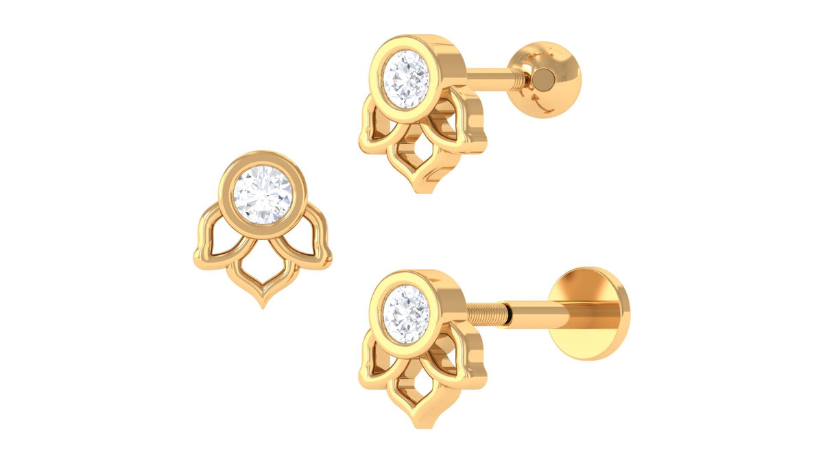 Simple Lotus Floral Earring with Round Diamond