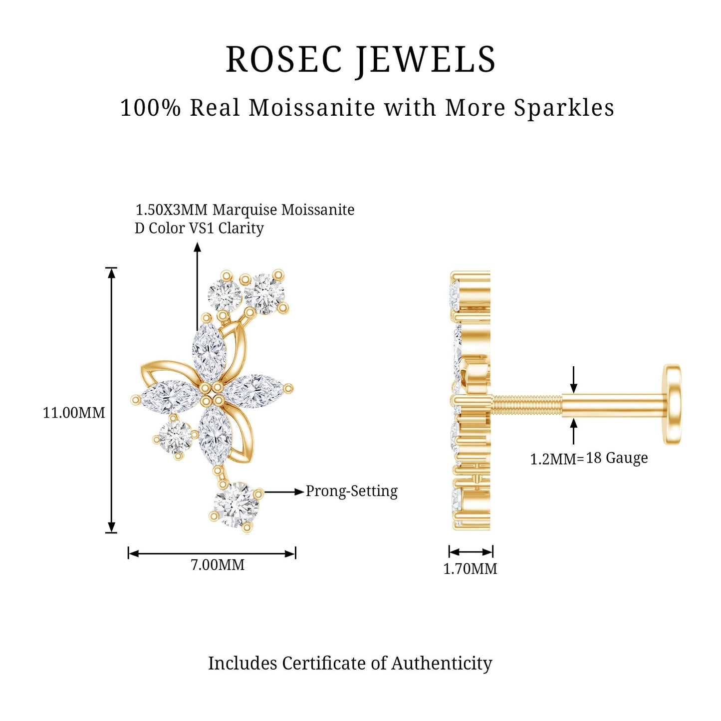 Certified Moissanite Flower Crawler Earring