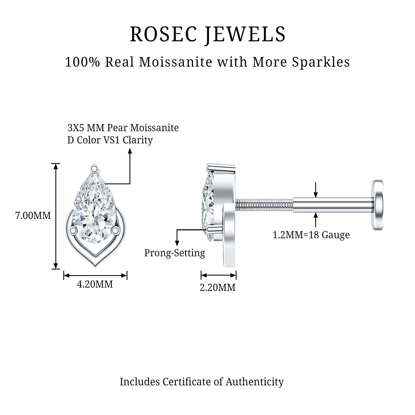 3X5MM Pear Shape Moissanite Solitaire Cartilage Earring