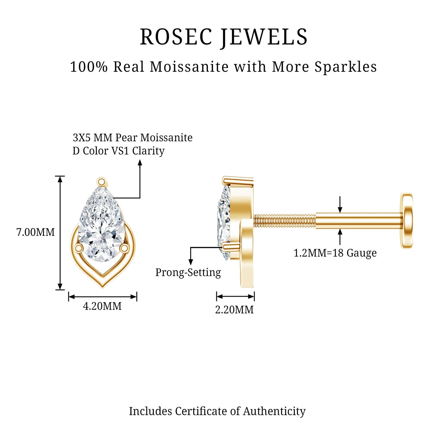 3X5MM Pear Shape Moissanite Solitaire Cartilage Earring