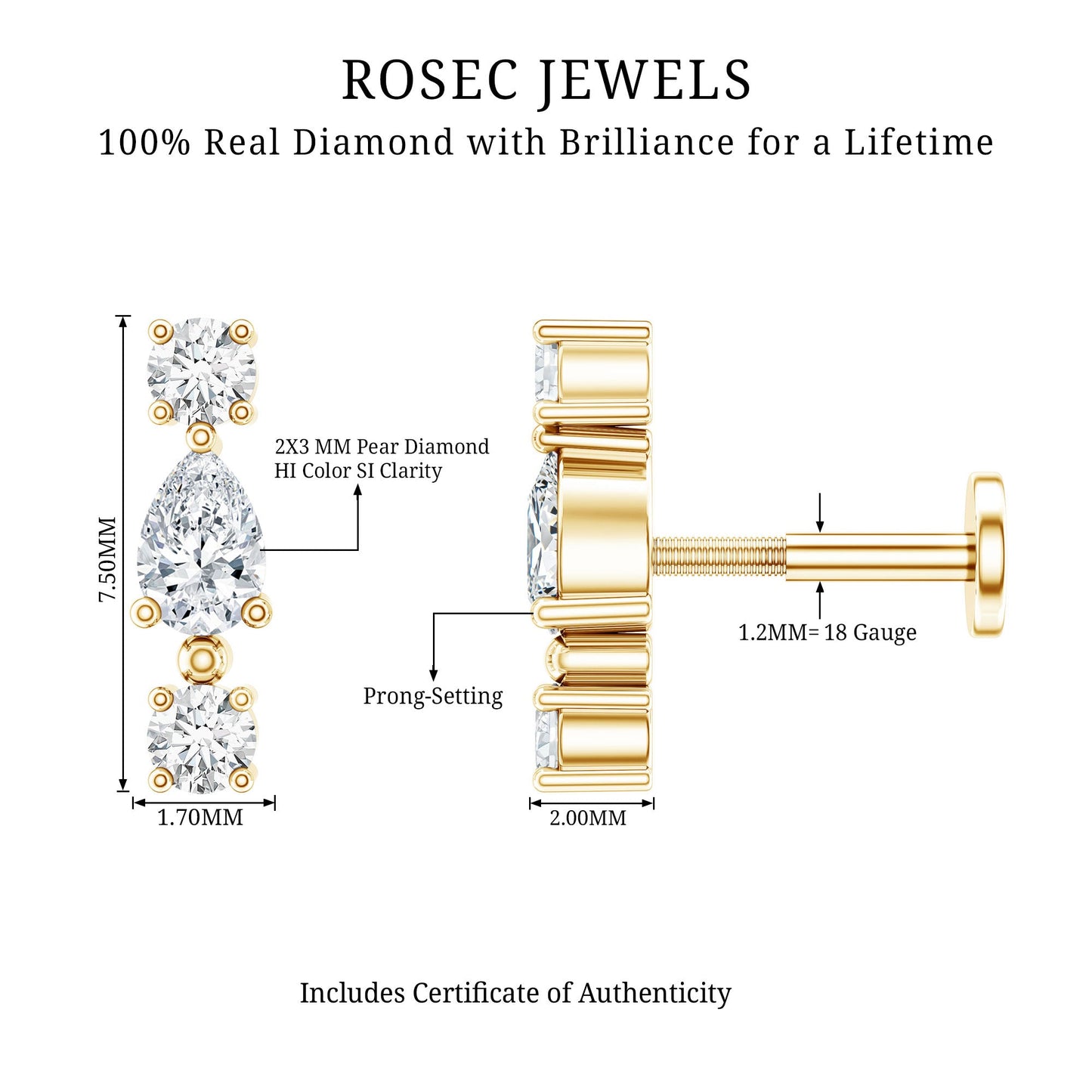 Natural Three Diamond Cartilage Earring with Flat Back