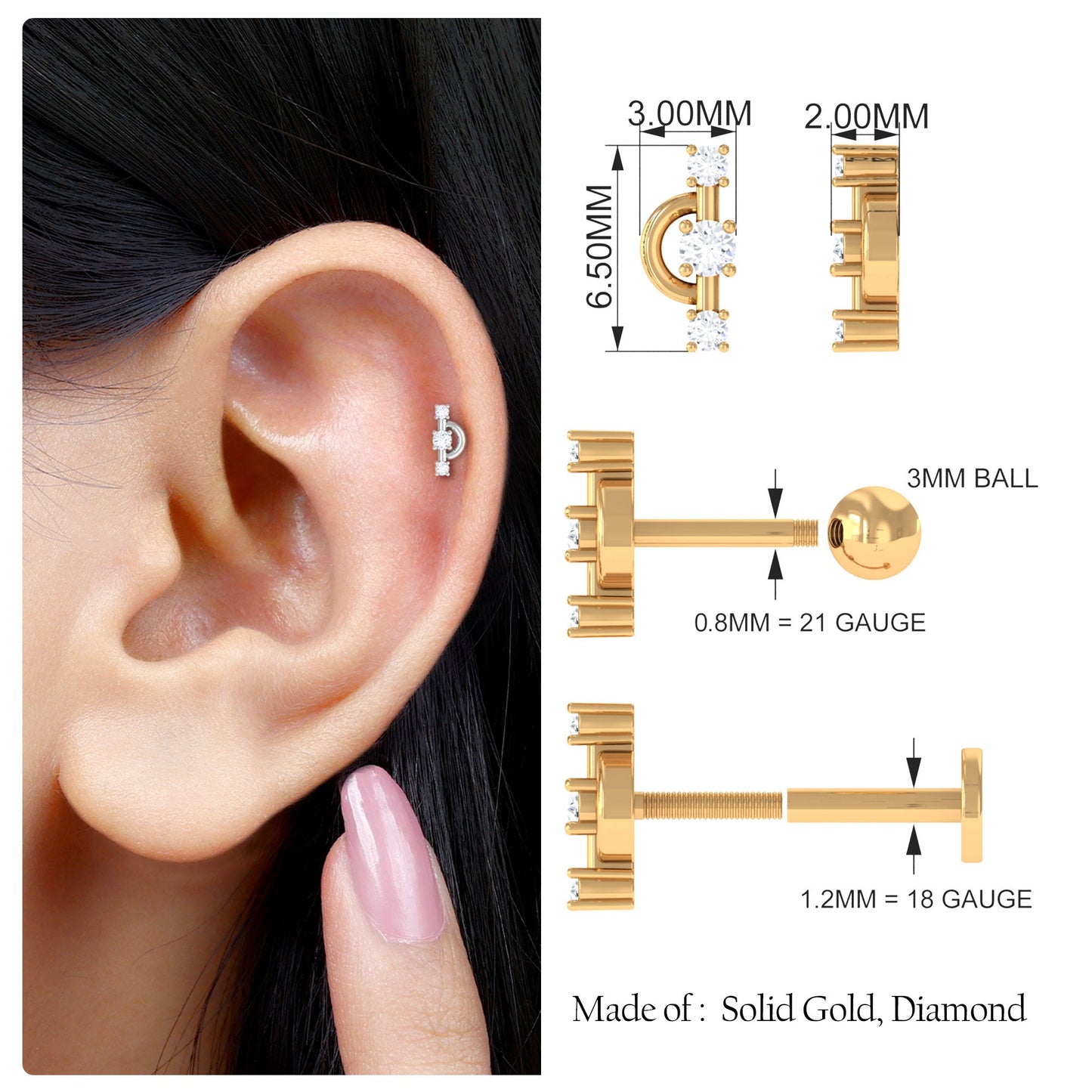 Natural Diamond Unique Tragus Earring with Certificate