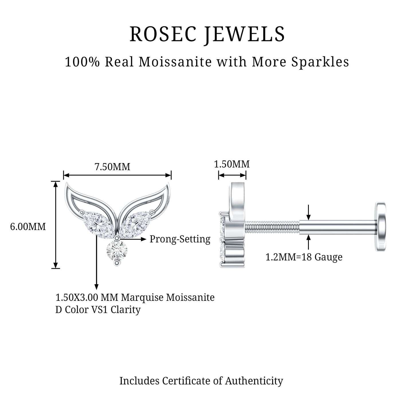 Certified Moissanite Fishtail Earring for Cartilage Piercing