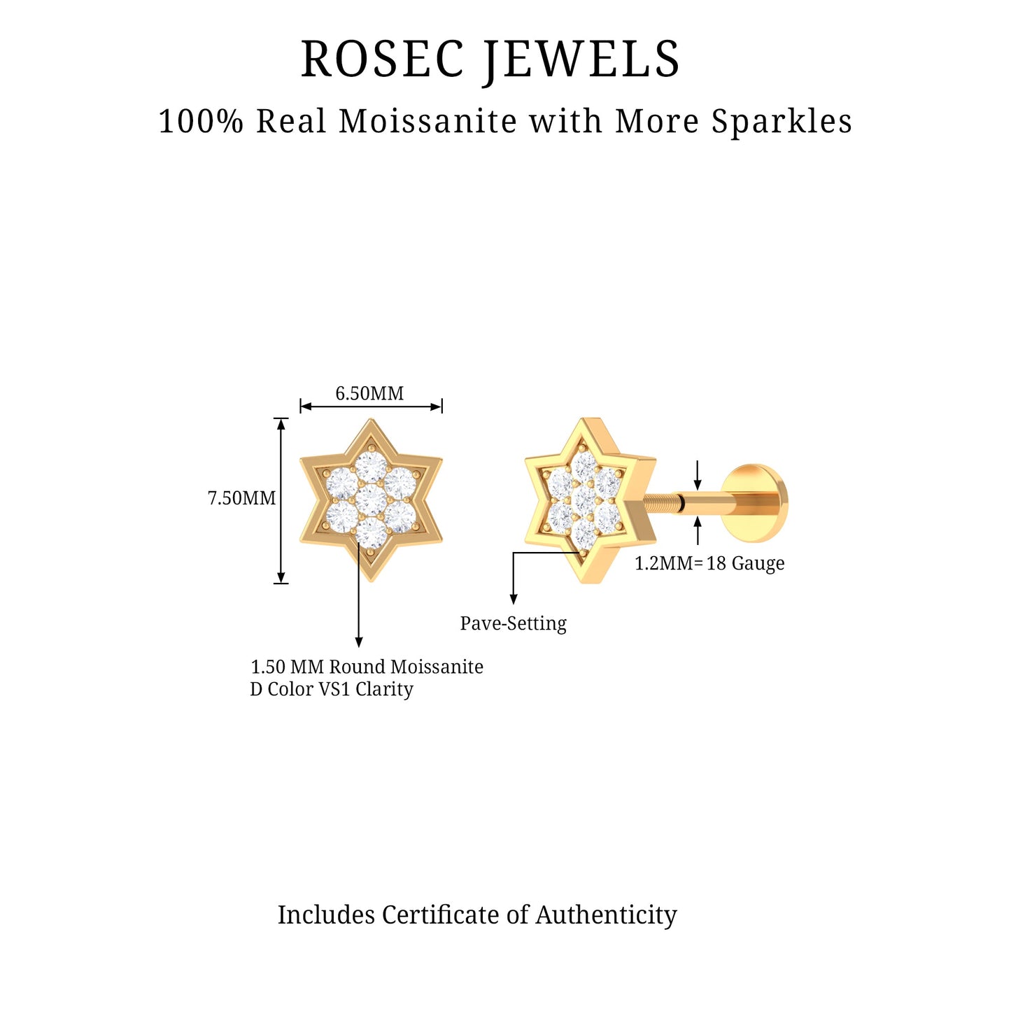 Round Moissanite Star Earring for Cartilage Piercing